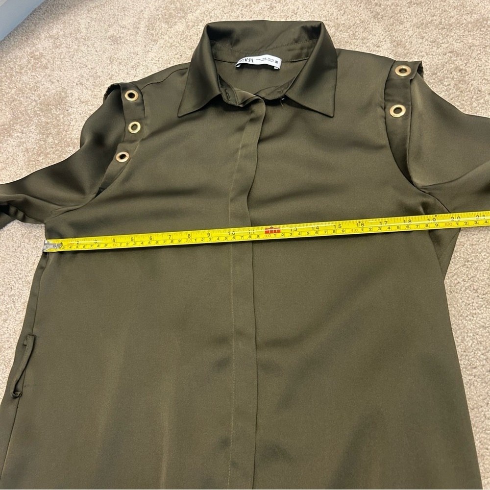 Zara Army green satin effect Grommet Eyelet Split Hem Belted Shirt Dress M NWT - Picture 13 of 14